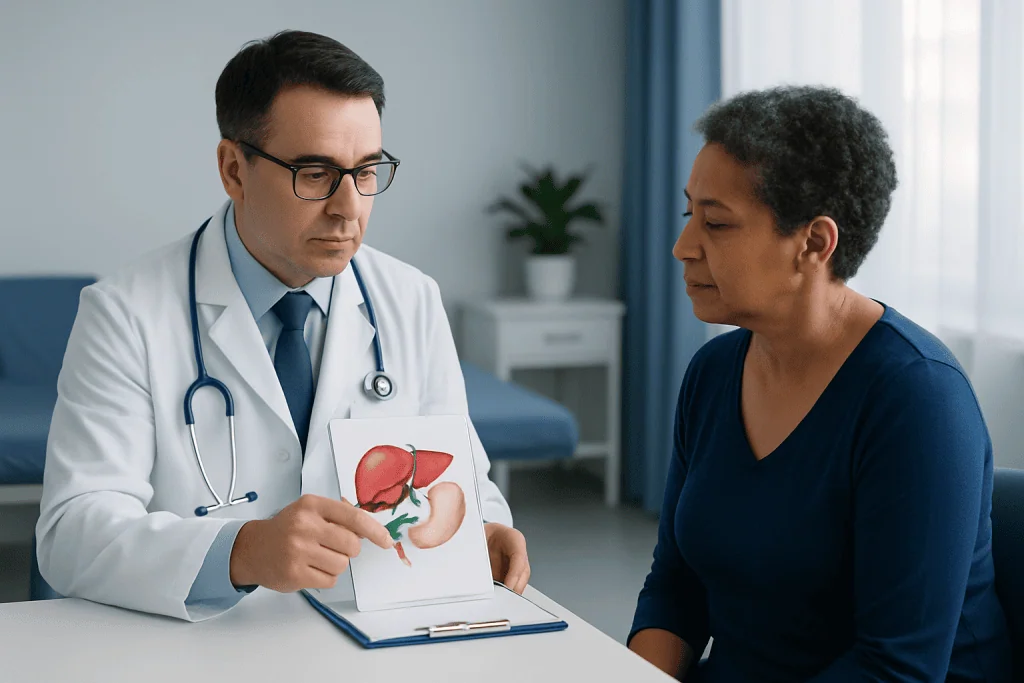 Doctor explaining gallbladder diagram to patient in consultation room.