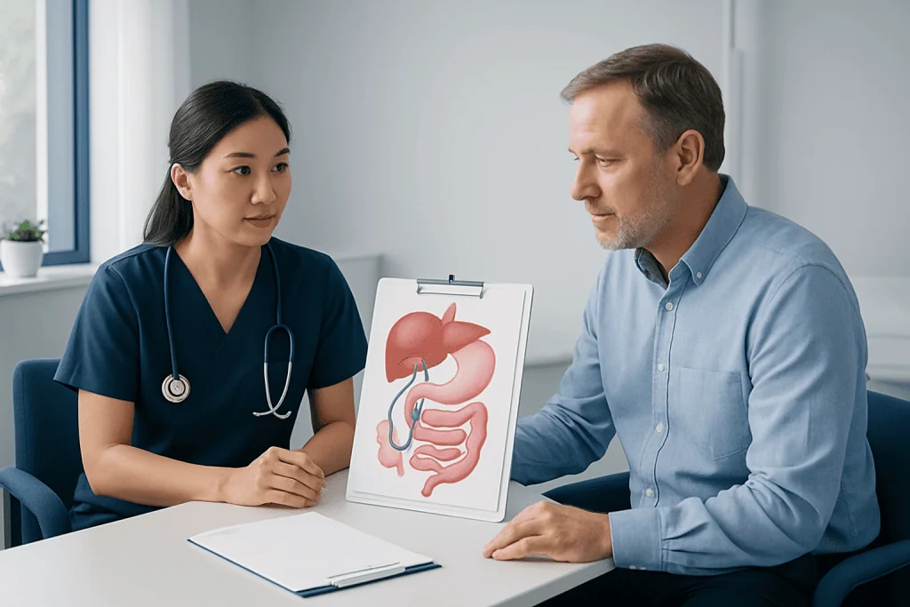 Doctor explaining Ercp procedure to patient with digestive system diagram.