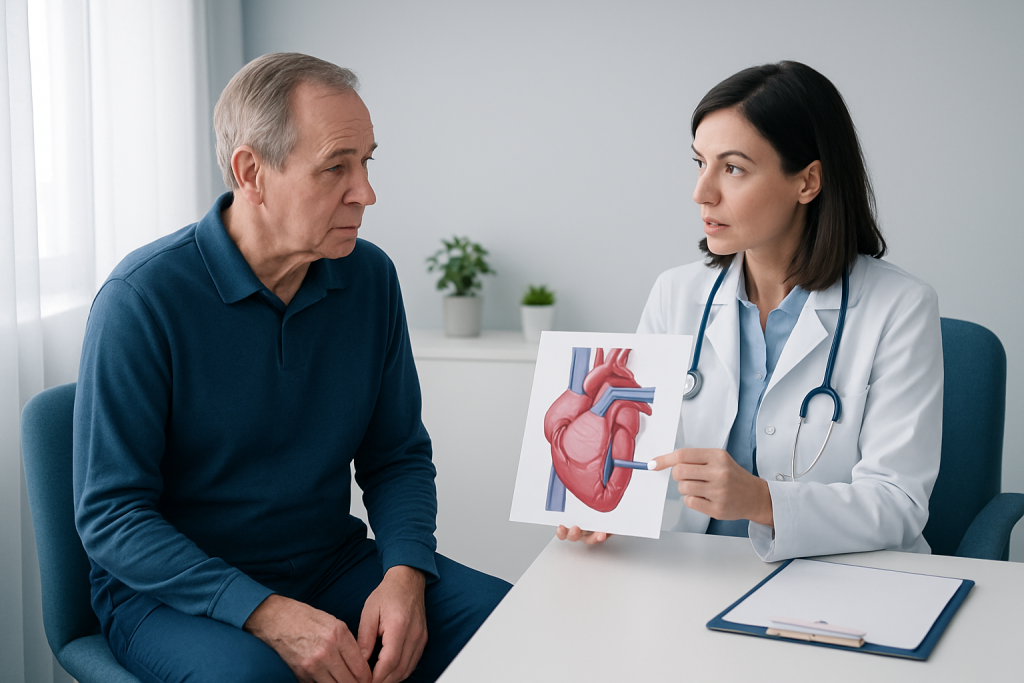 Cardiologist explains heart health to an elderly patient with heart diagram.