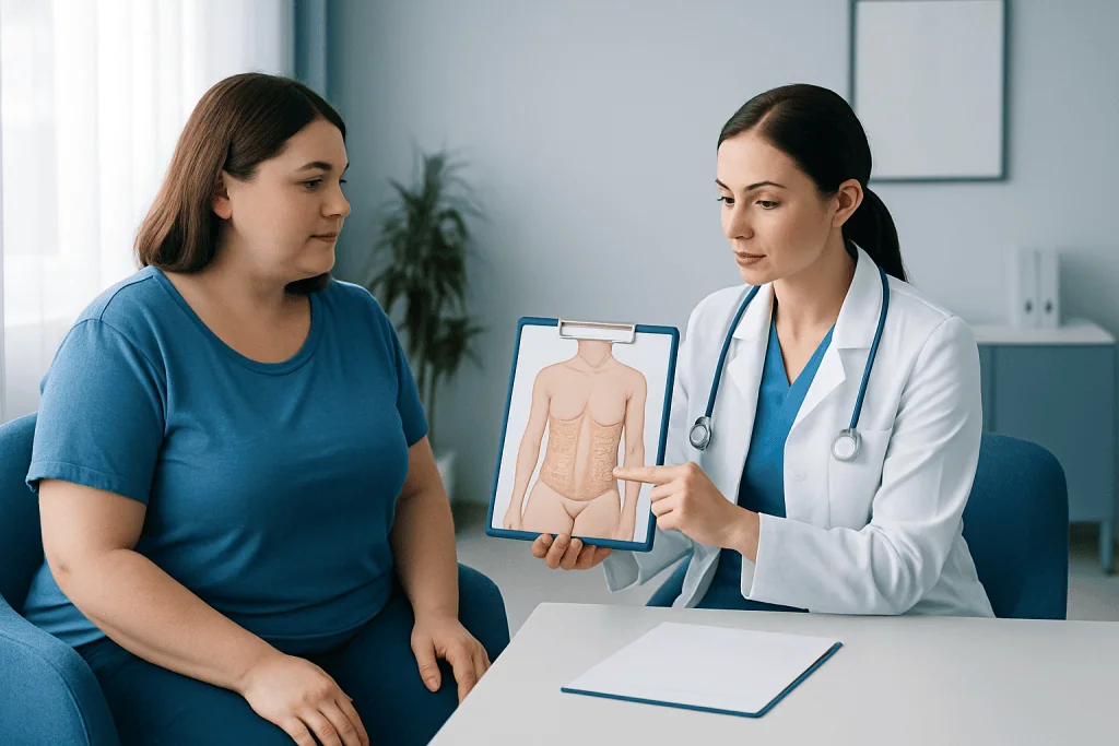 Doctor explaining abdominal anatomy to patient during consultation at Acibadem Hospital.