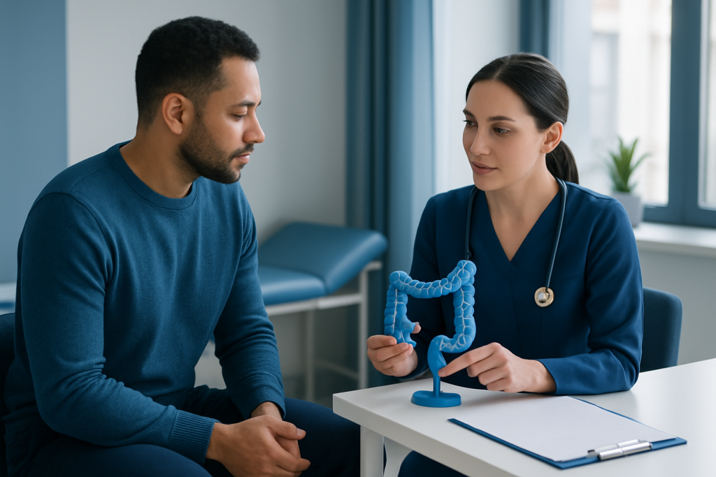 Doctor explaining colon health to patient during consultation at Acibadem Hospital.