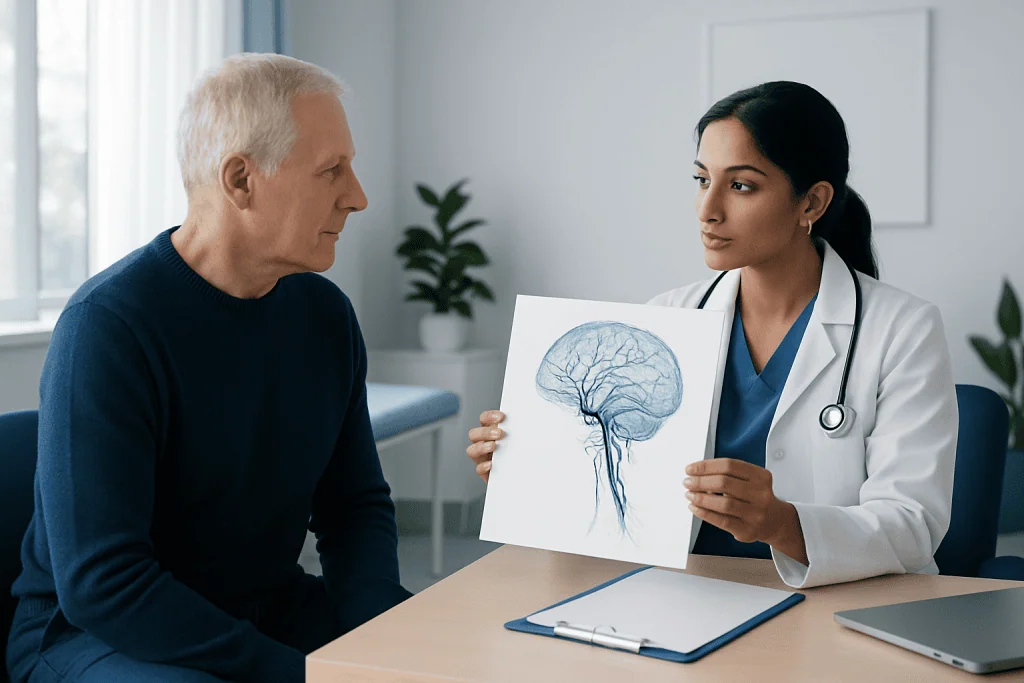 Doctor explaining brain scan to patient in a medical consultation.
