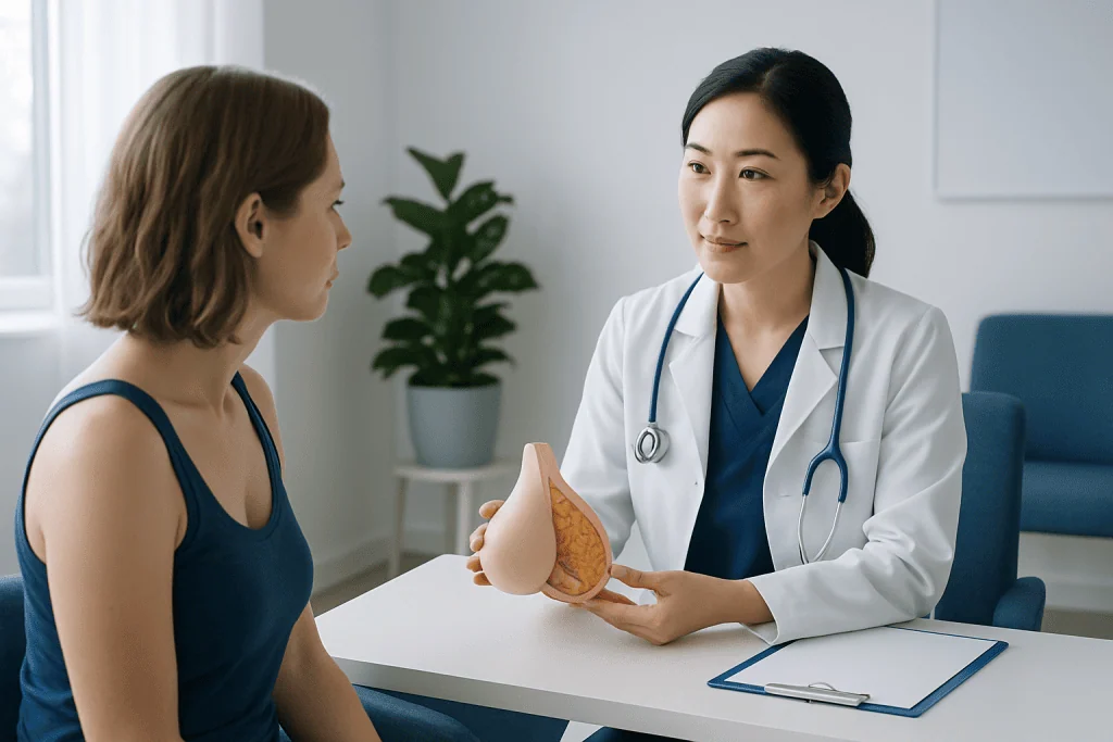 Doctor explaining breast augmentation options to patient in consultation.
