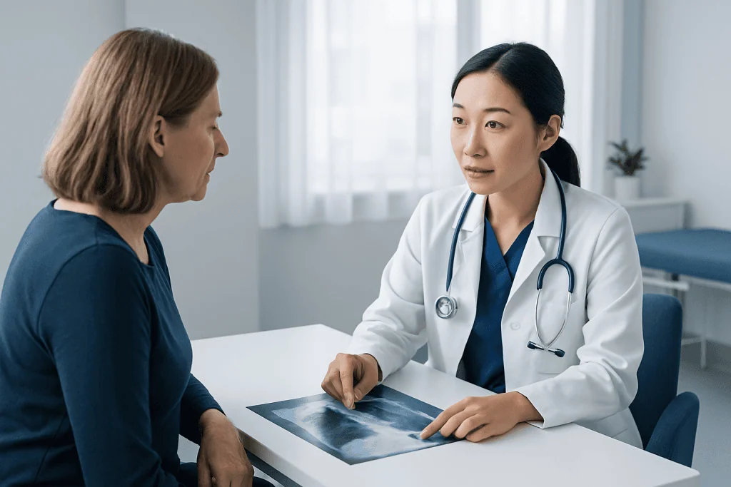 Doctor discussing lung X-ray with patient in a medical consultation room.