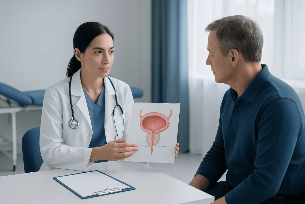 Doctor explaining bladder diagram to patient during consultation at hospital.