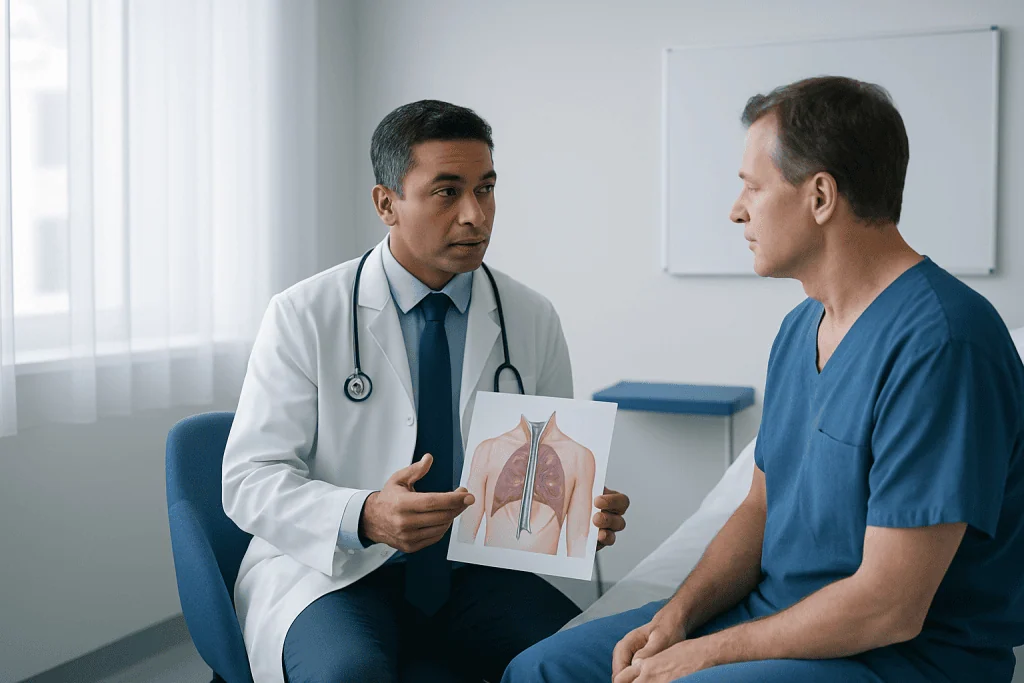 Doctor explaining lung anatomy to patient in hospital room.