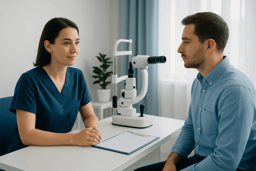 Ophthalmologist consulting with patient in a modern clinic setting.