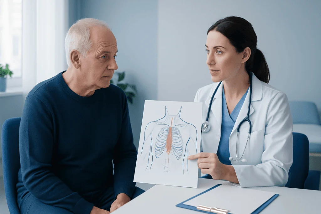 Doctor explaining sternotomy procedure to elderly patient with chest diagram.