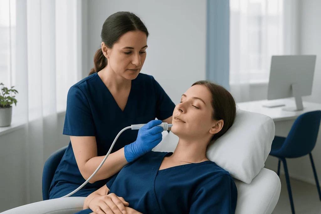 Dermabrasion treatment being performed on a patient in a medical clinic.