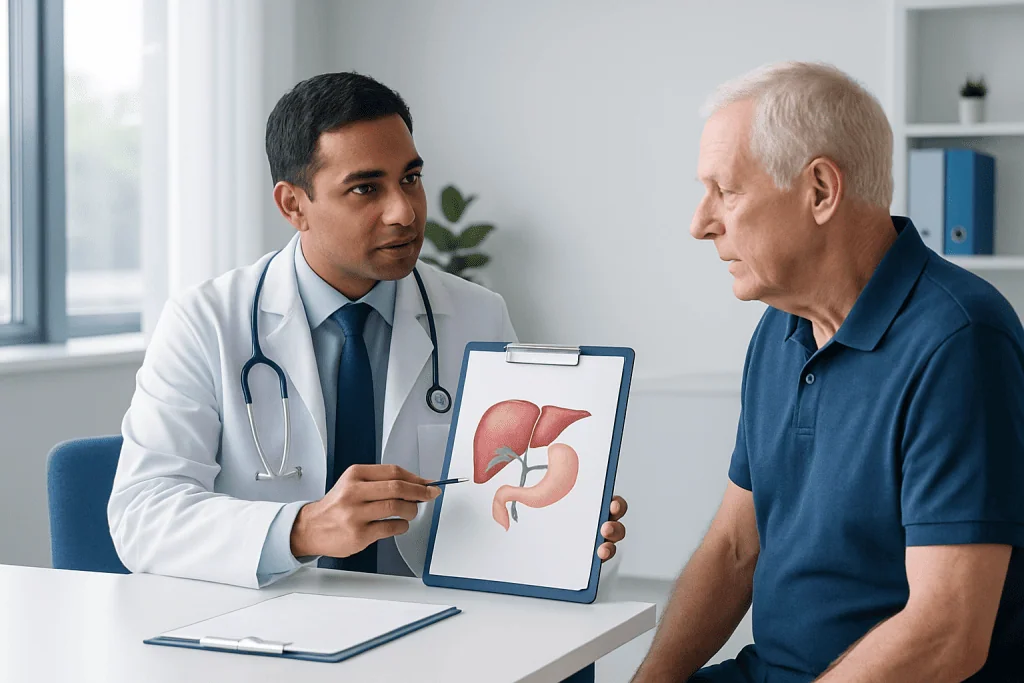 Doctor explaining liver and gallbladder to patient with diagram.
