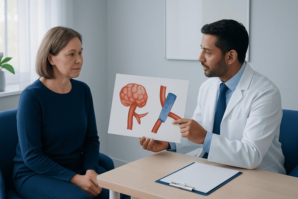 Doctor explaining brain aneurysm treatment options to a patient.
