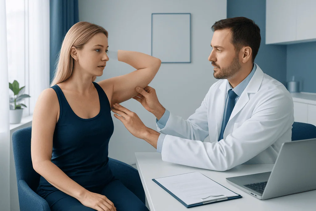Doctor examining a woman's armpit during a consultation at a hospital.