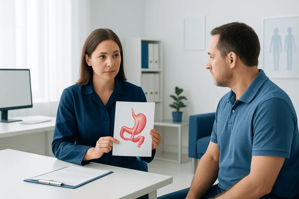 Doctor explaining stomach anatomy to patient during consultation.