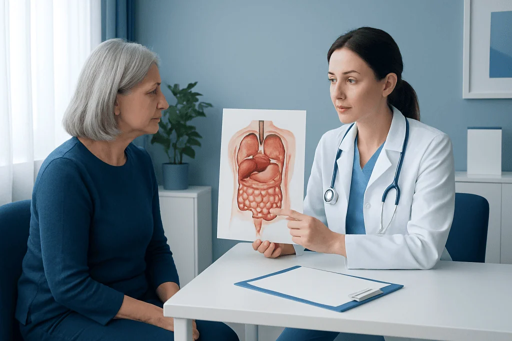 Doctor explaining digestive system to patient with anatomical model.