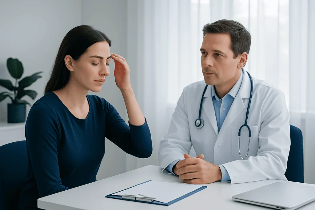 Patient consulting with doctor about eyebrow transplant options at Acibadem Hospital.