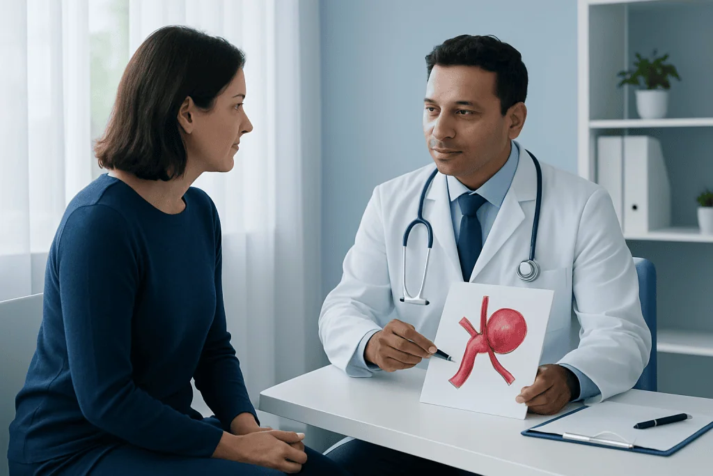 Doctor explaining aneurysm treatment options to a patient in a clinic.