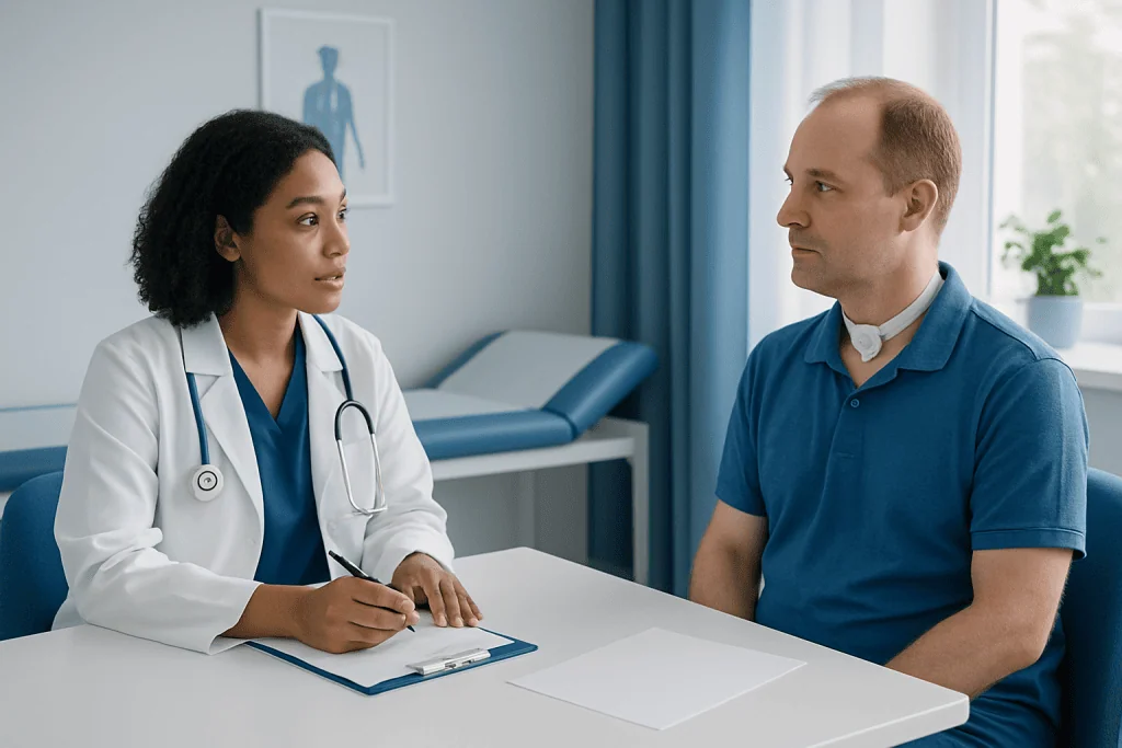 Doctor consulting with patient in a medical office setting.