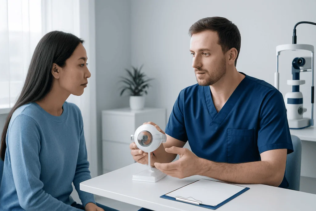 Ophthalmologist explains eye examination to patient in clinic.