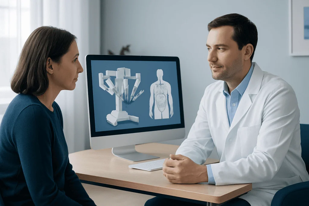 Doctor explaining robotic surgery to a patient in a consultation room.
