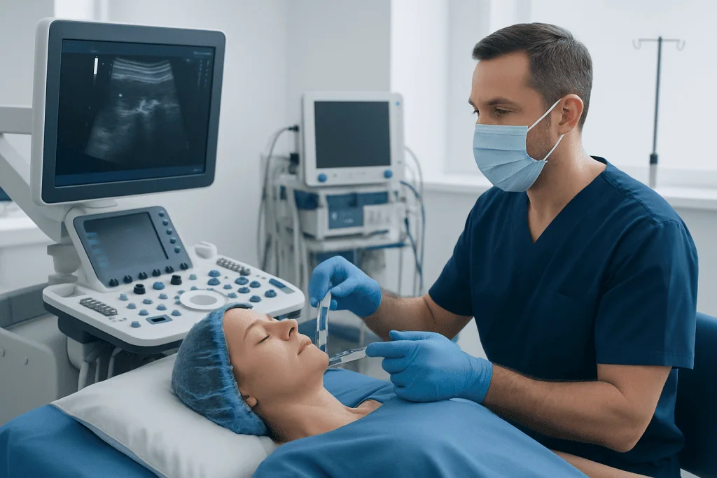 Medical professional performing ultrasound procedure on patient in hospital.