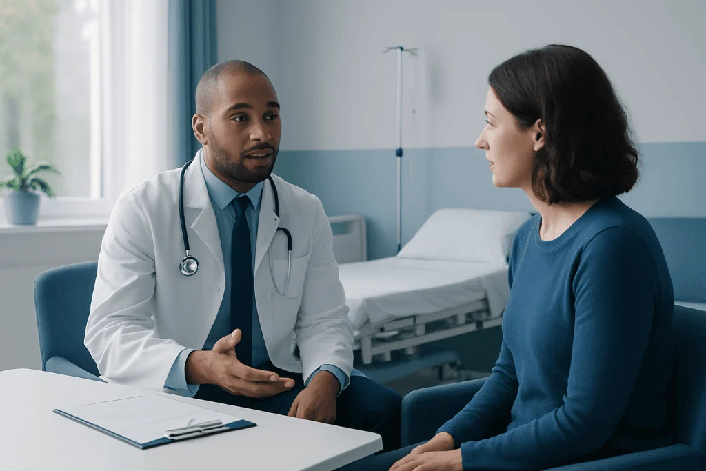 Doctor consulting with a female patient in a hospital room.