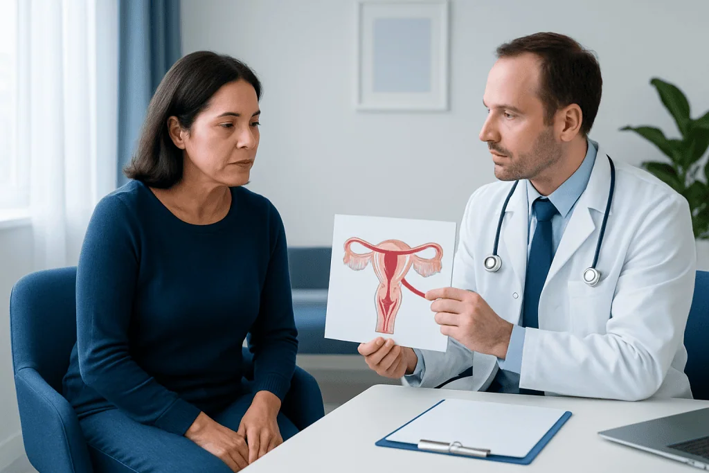 Doctor explaining uterine health to a patient with uterine diagram.