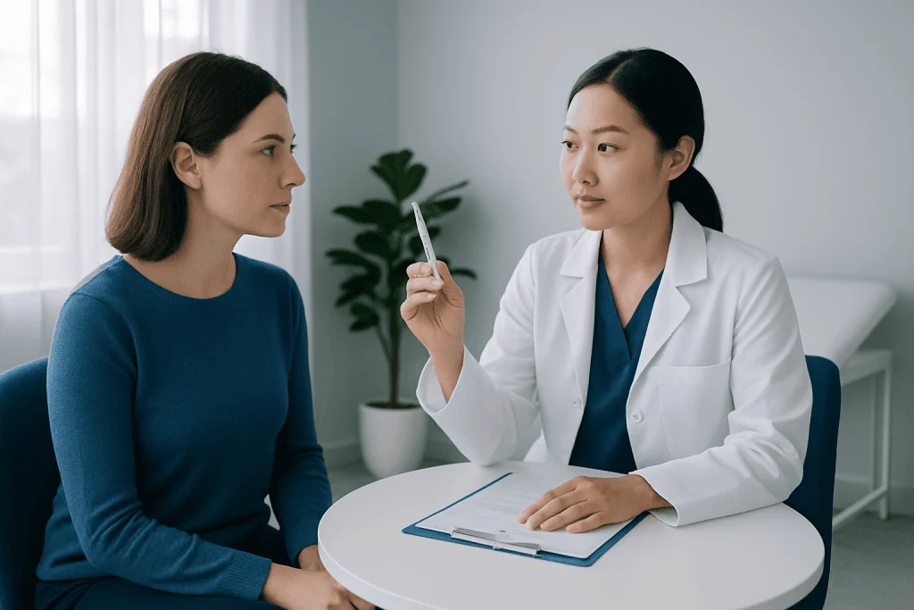 Doctor consulting with patient about cheek filler procedure at Acibadem Hospital.