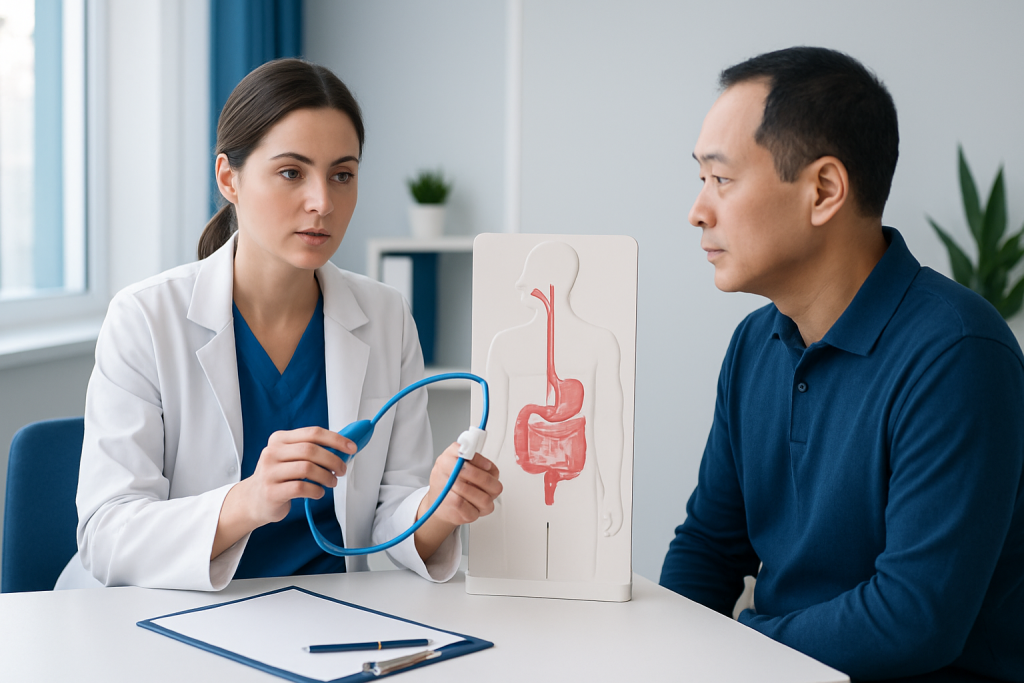 Doctor explains Blakemore Tube procedure to patient in a medical consultation.