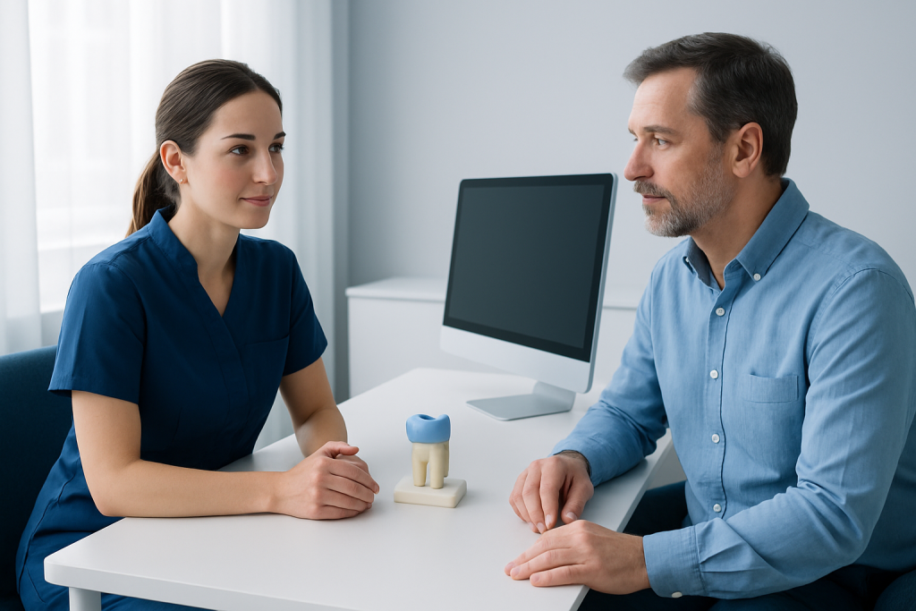 Dentist consulting with patient about dental crown options at Acibadem Hospital.
