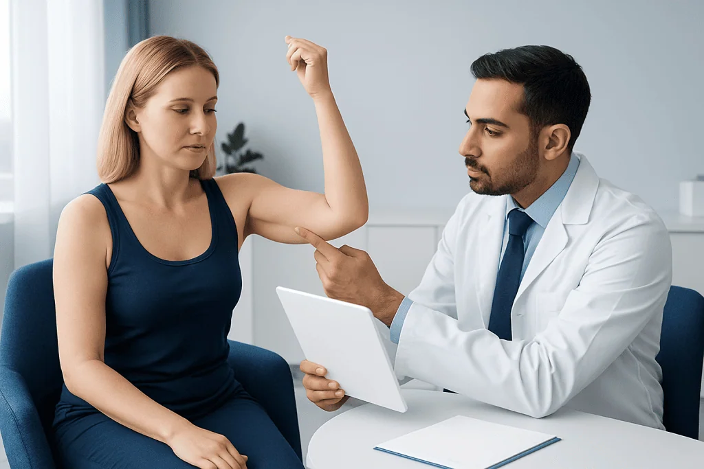 Doctor consulting with a woman about arm lift surgery options.