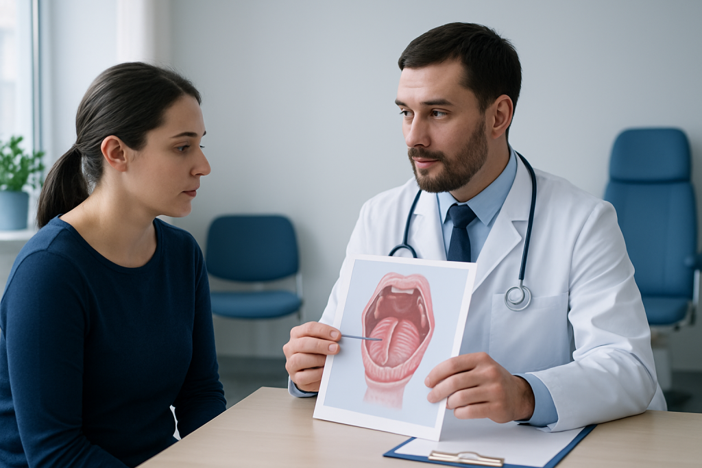 Doctor explaining throat anatomy to patient in a consultation room.