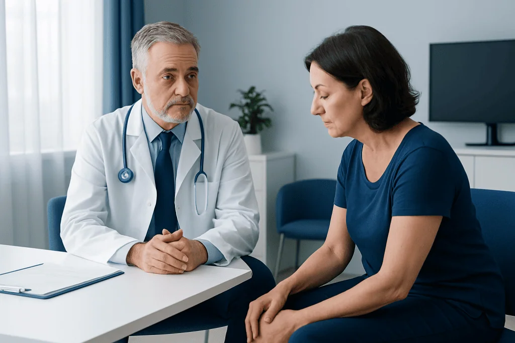 Doctor consulting with a female patient in a medical office setting.