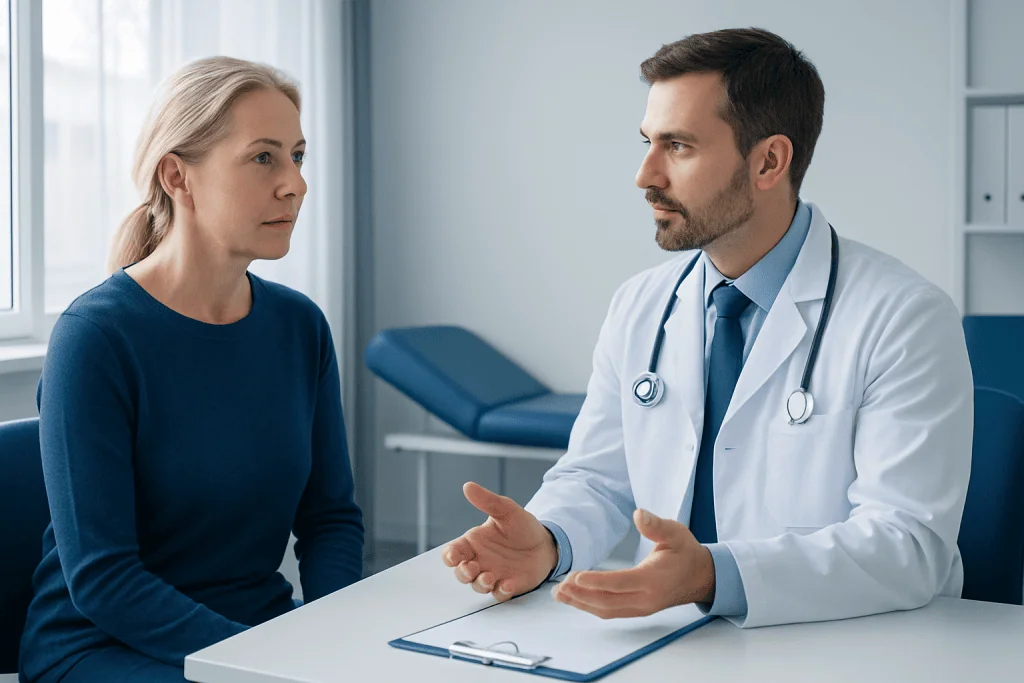 Doctor consulting with a female patient in a modern medical office.