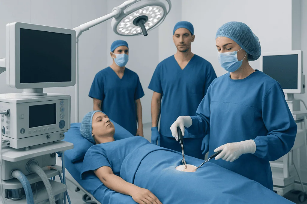 Surgeons perform a tubal ligation procedure in an operating room.