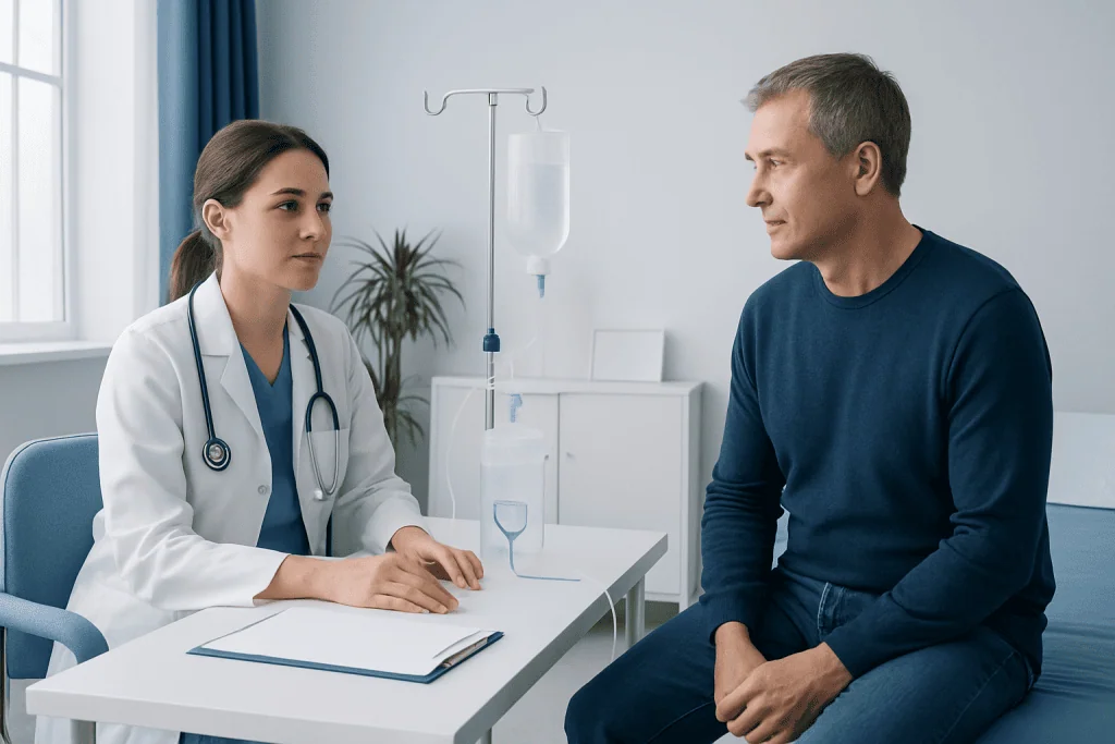 Doctor consulting patient in hospital room with IV drip.