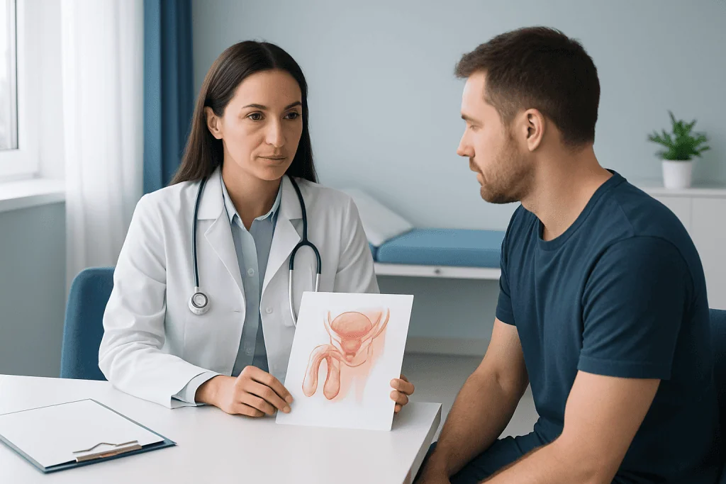 Doctor explaining male reproductive system to patient in consultation room.