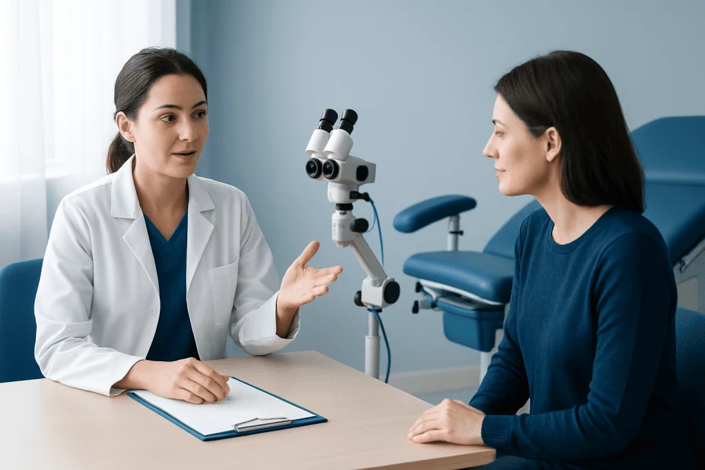 Gynecologist explaining colposcopy procedure to patient in clinic.