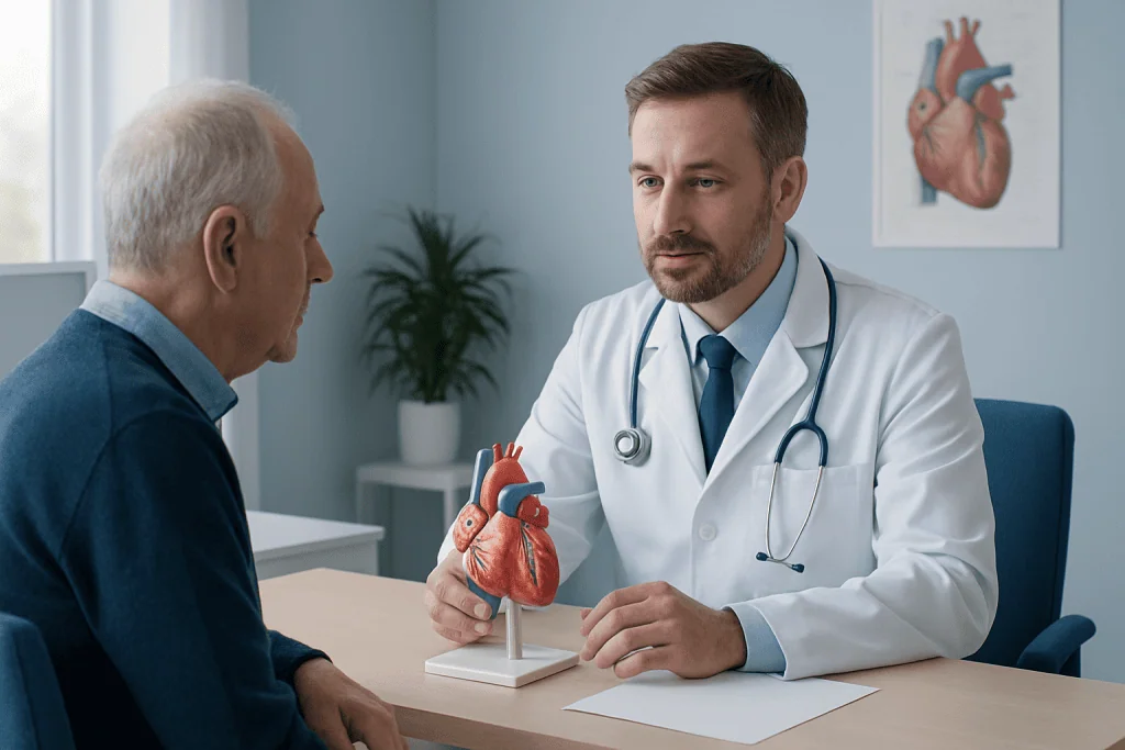 Cardiologist explaining heart anatomy to an elderly patient with a model heart.