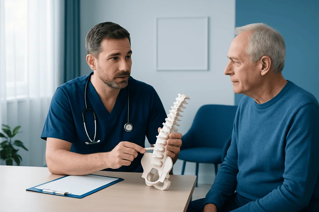 Doctor explaining spinal anatomy to patient in consultation room.