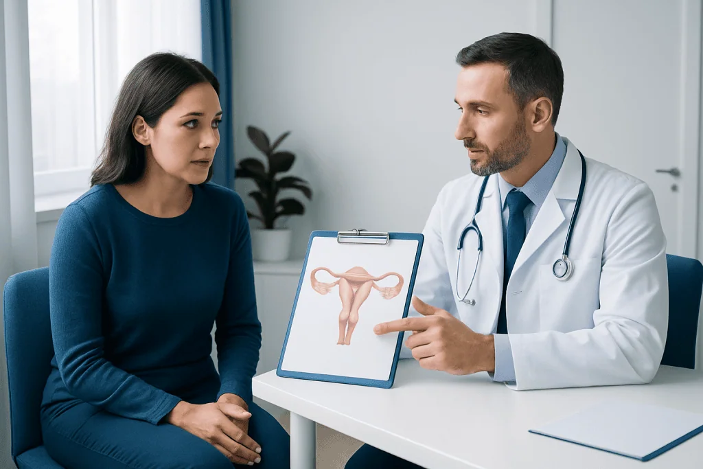 Doctor explaining salpingectomy to a patient with uterine diagram.