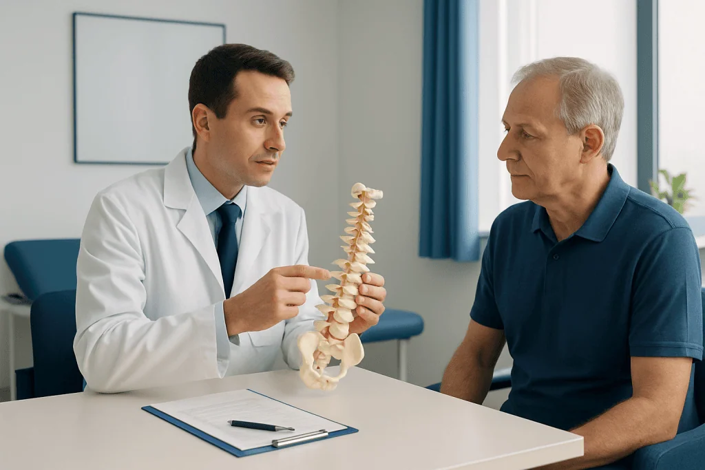 Doctor explaining spinal anatomy to patient in consultation room.