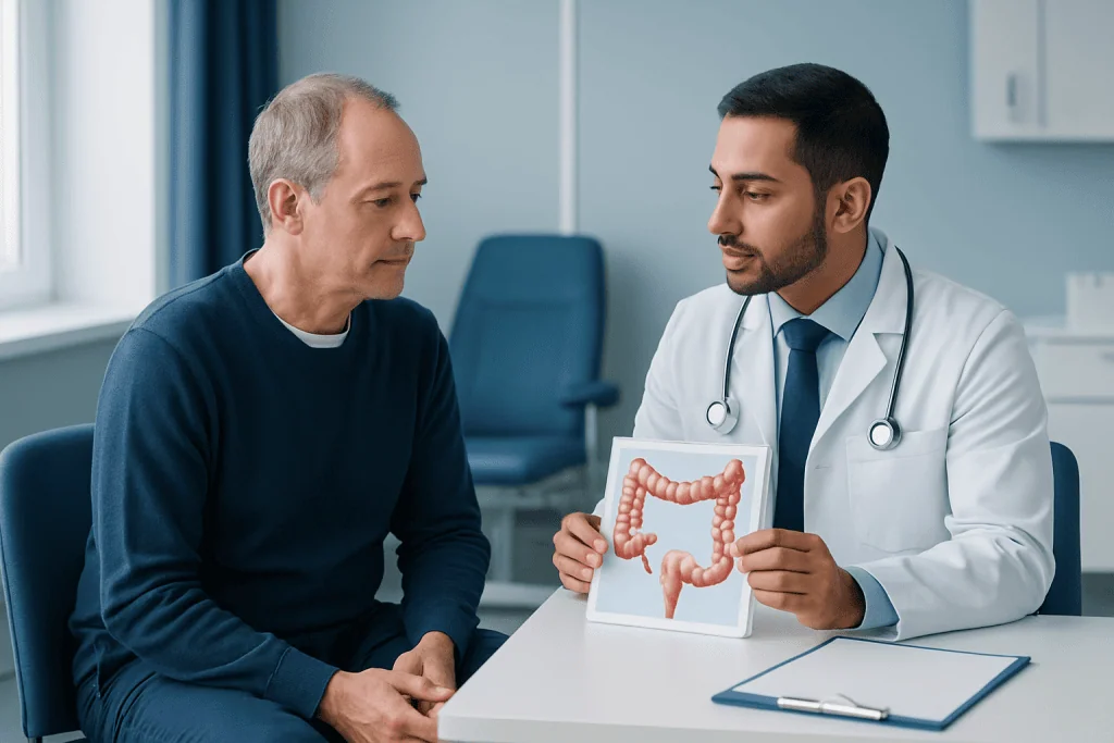 Doctor explaining colon health to patient with colon model in clinic.