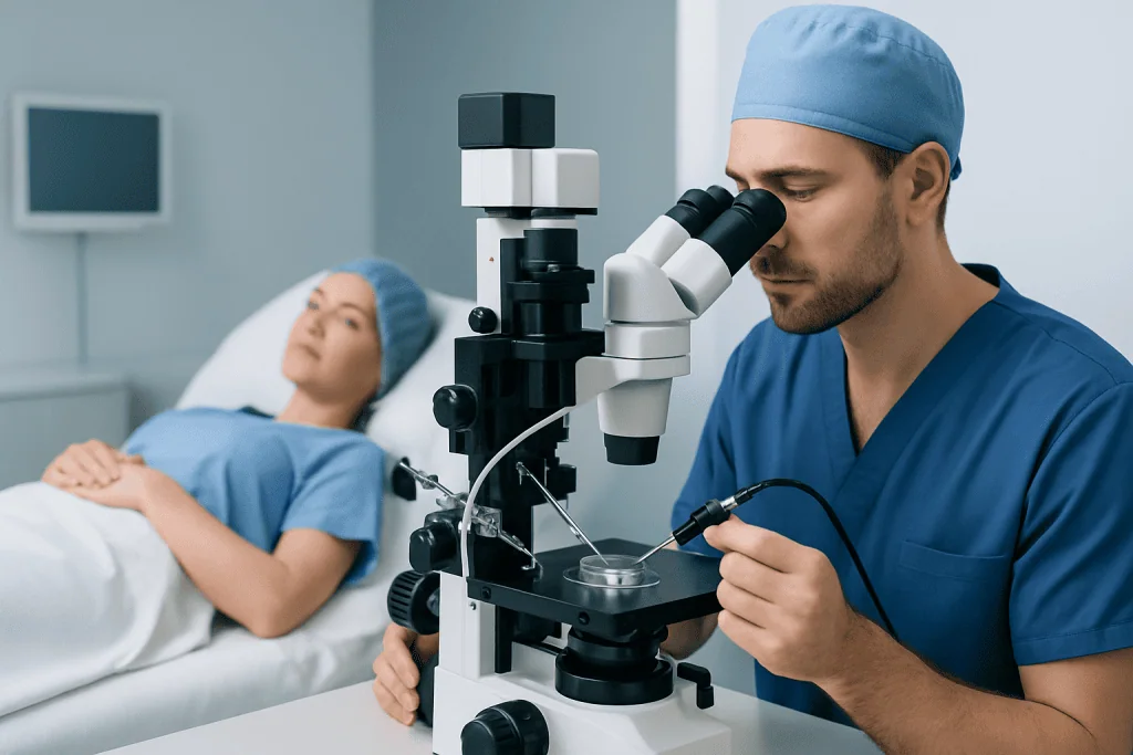 Doctor examining a patient with a microscope in a hospital setting.