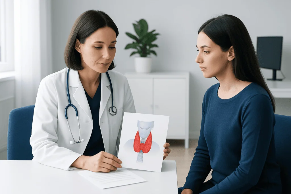 Doctor explaining thyroid diagram to patient in consultation room.