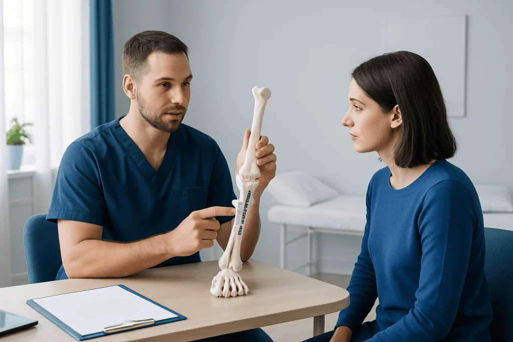 Doctor explaining a bone model to a patient in a consultation room.