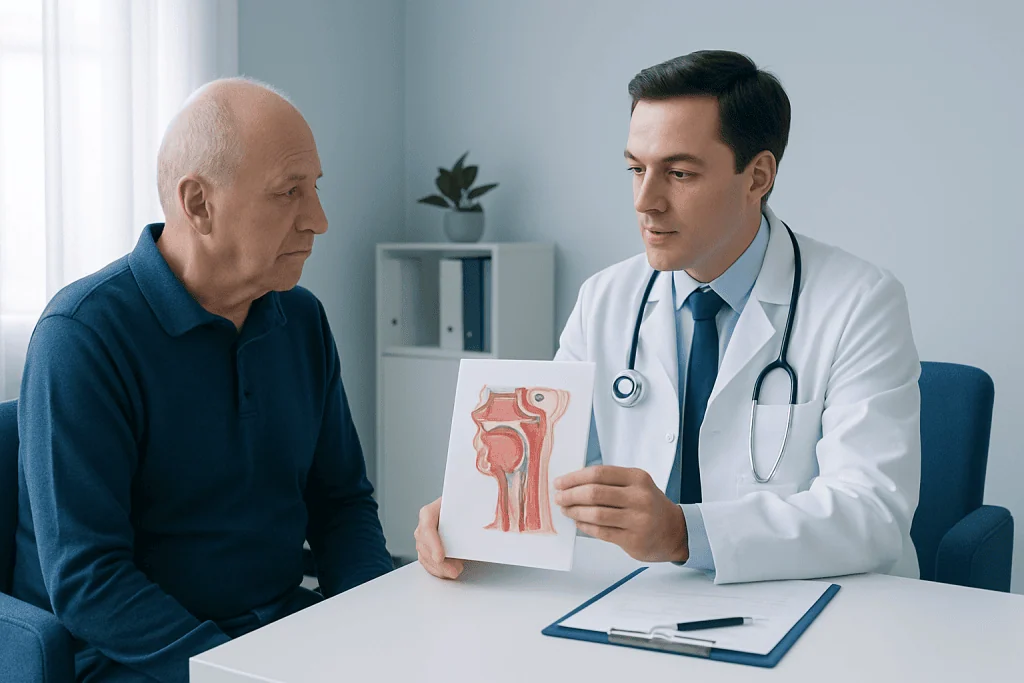 Doctor explaining laryngectomy procedure to patient with anatomical diagram.