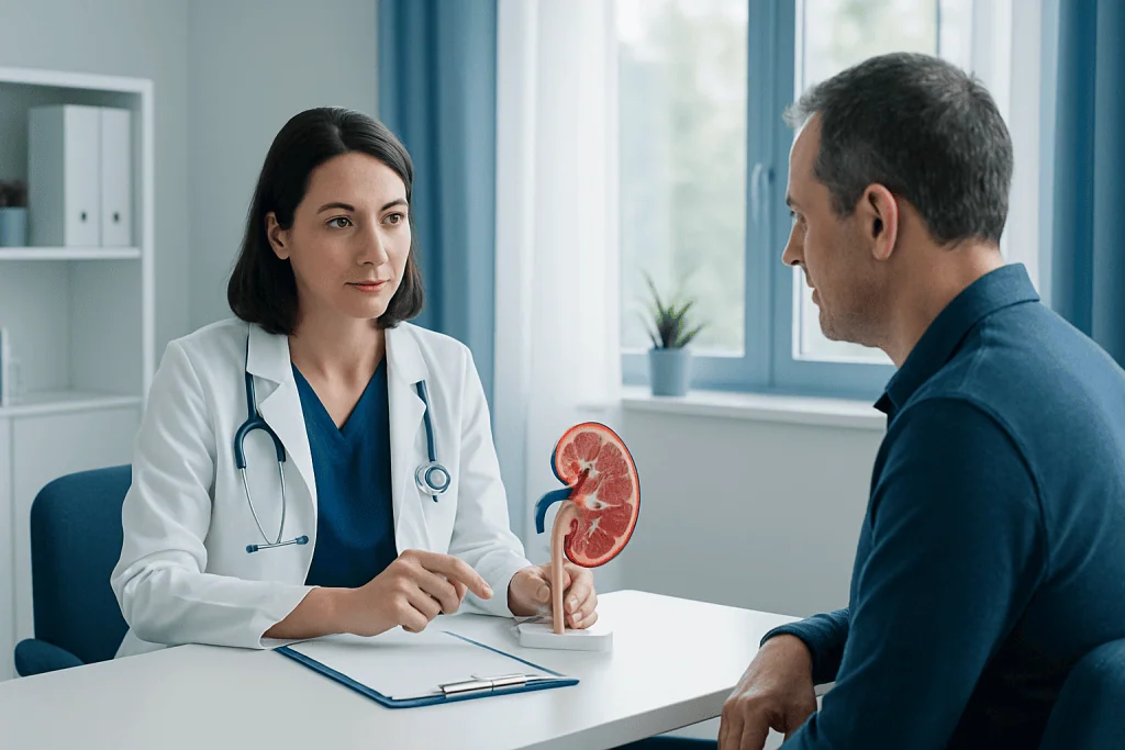 Doctor explaining kidney health to patient with kidney model in clinic.