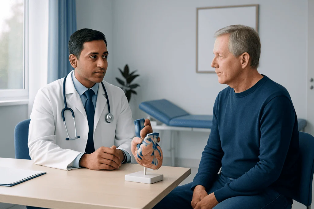 Doctor explaining medical information to an elderly patient in a clinic.
