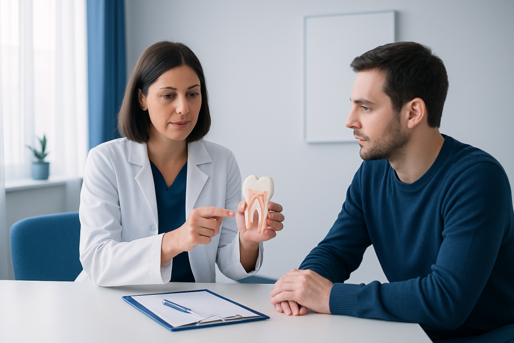 Dentist explaining root canal procedure to patient in consultation room.