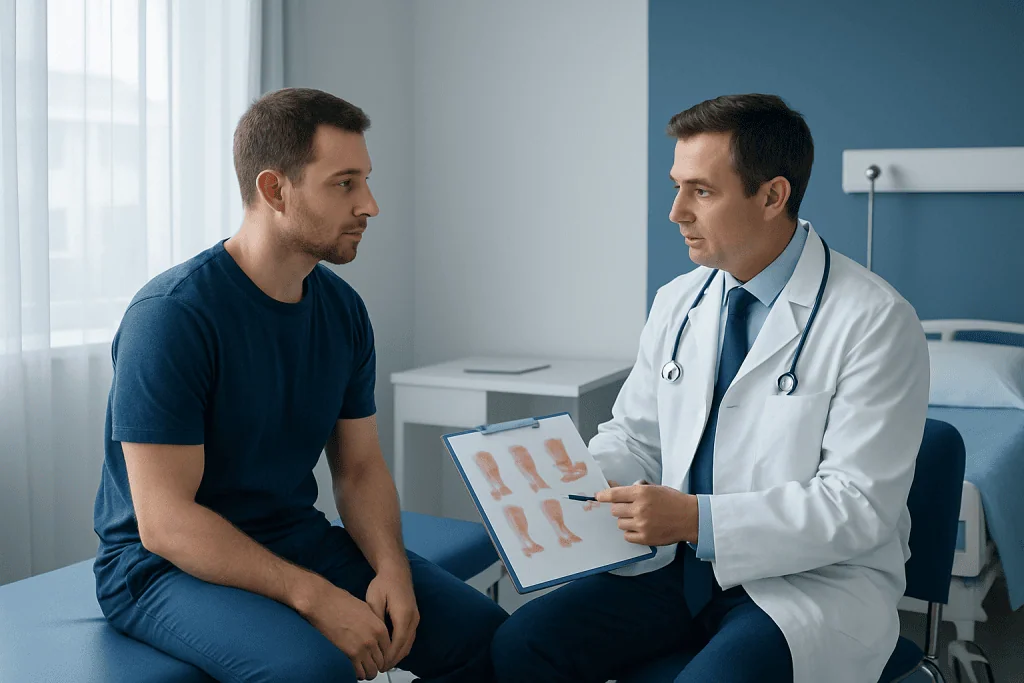 Doctor explaining medical images to patient in hospital room.